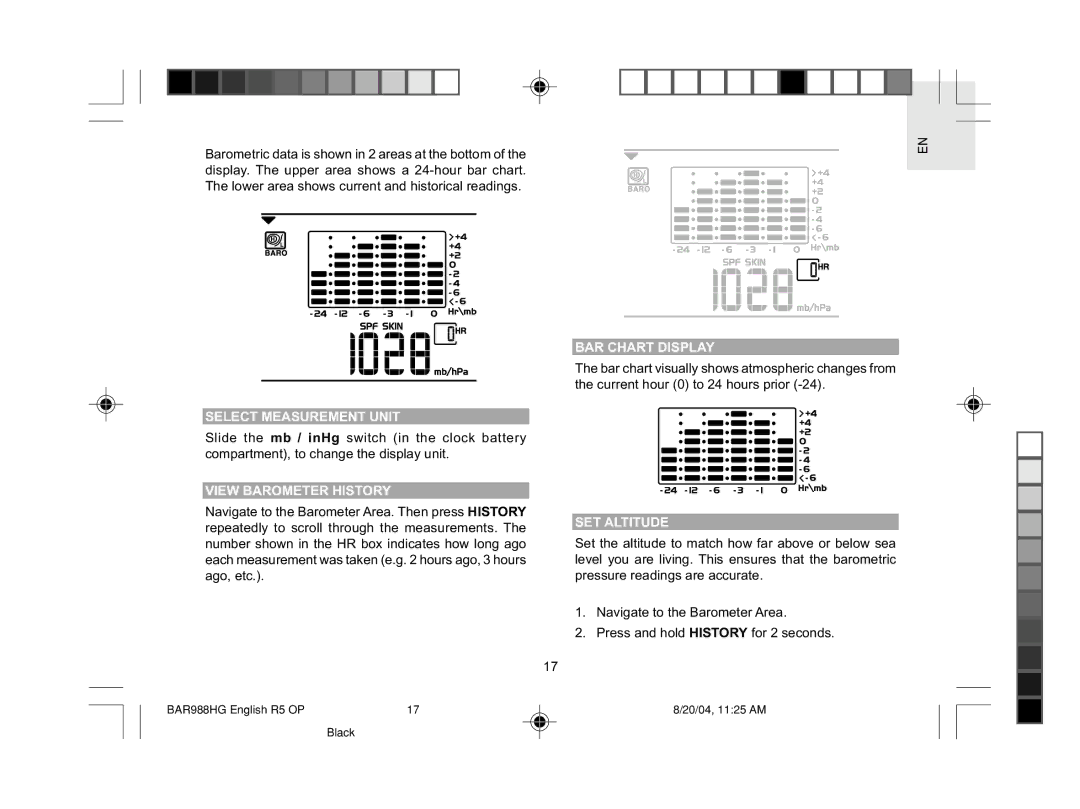Oregon Scientific BAR988HG user manual Select Measurement Unit, View Barometer History, BAR Chart Display, SET Altitude 