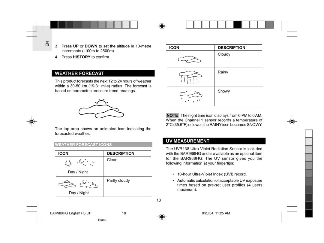 Oregon Scientific BAR988HG user manual UV Measurement, Weather Forecast Icons 