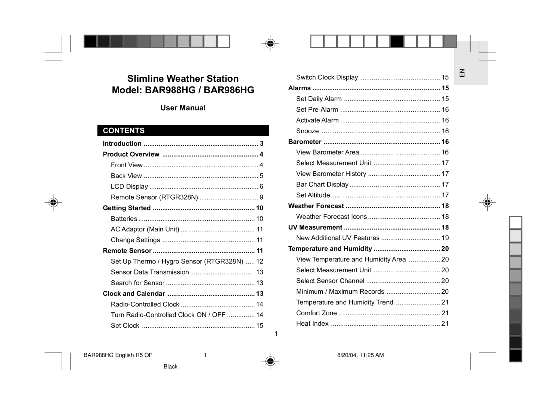 Oregon Scientific user manual Slimline Weather Station Model BAR988HG / BAR986HG, Contents 