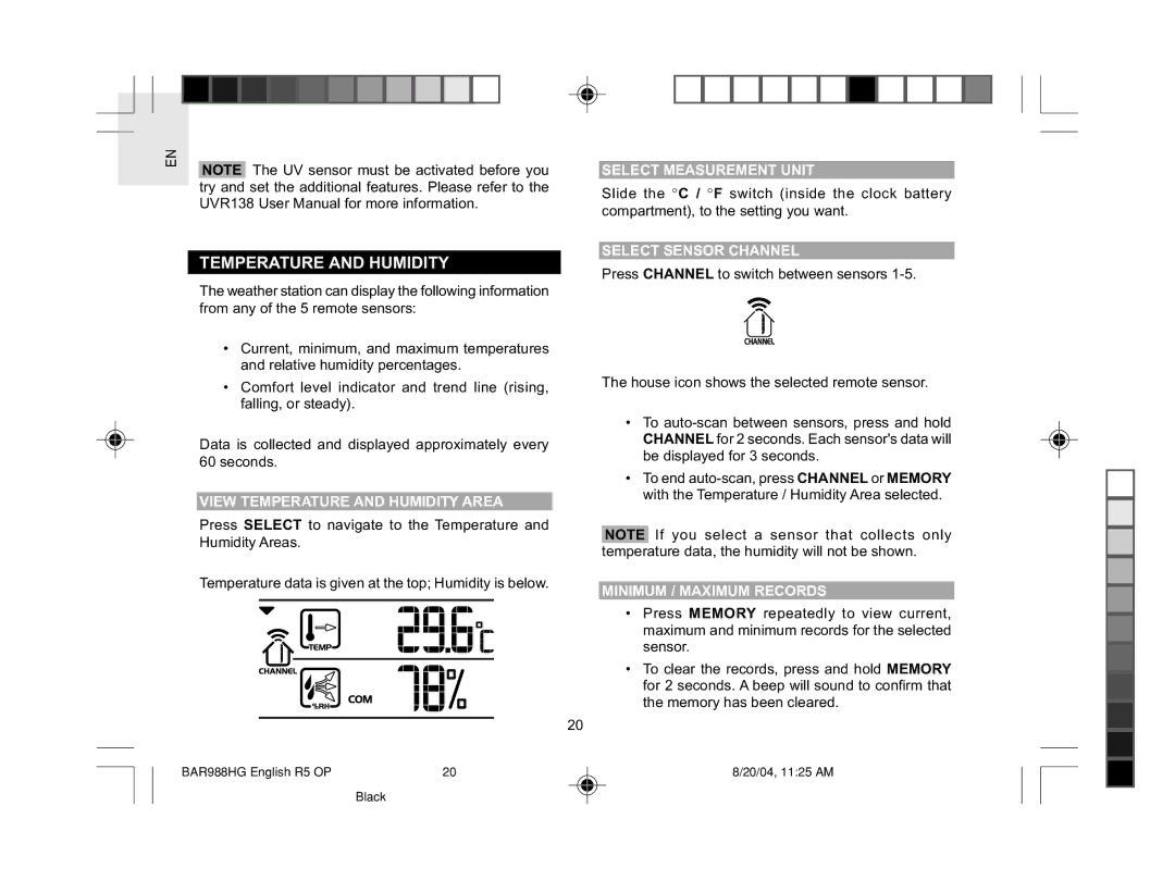 Oregon Scientific BAR988HG View Temperature and Humidity Area, Select Sensor Channel, Minimum / Maximum Records 
