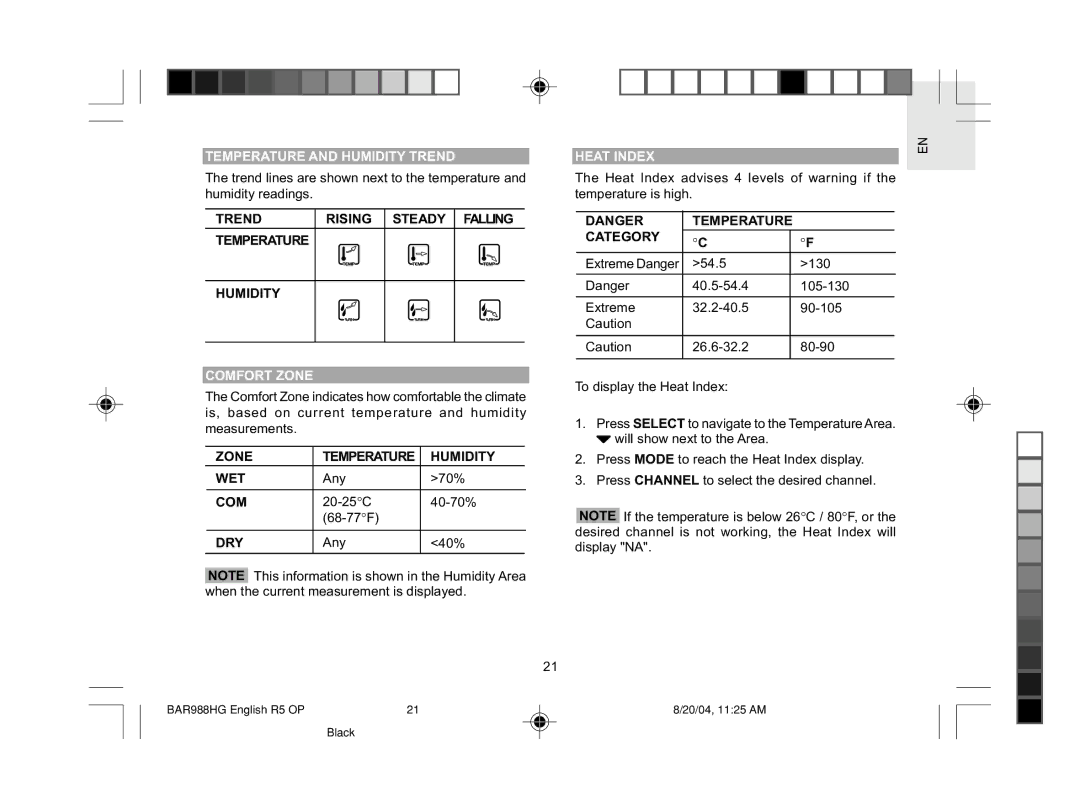 Oregon Scientific BAR988HG user manual Temperature and Humidity Trend, Comfort Zone, Heat Index 