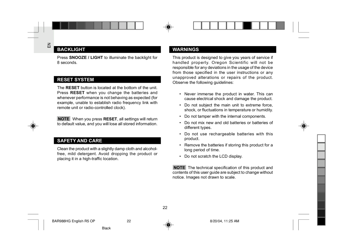 Oregon Scientific BAR988HG user manual Backlight, Reset System, Safety and Care 