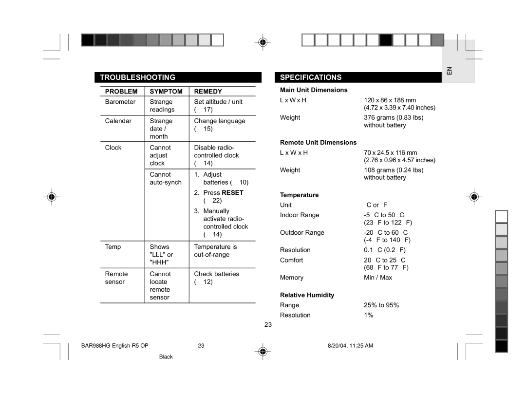 Oregon Scientific BAR988HG user manual Troubleshooting, Specifications, Problem Symptom Remedy 