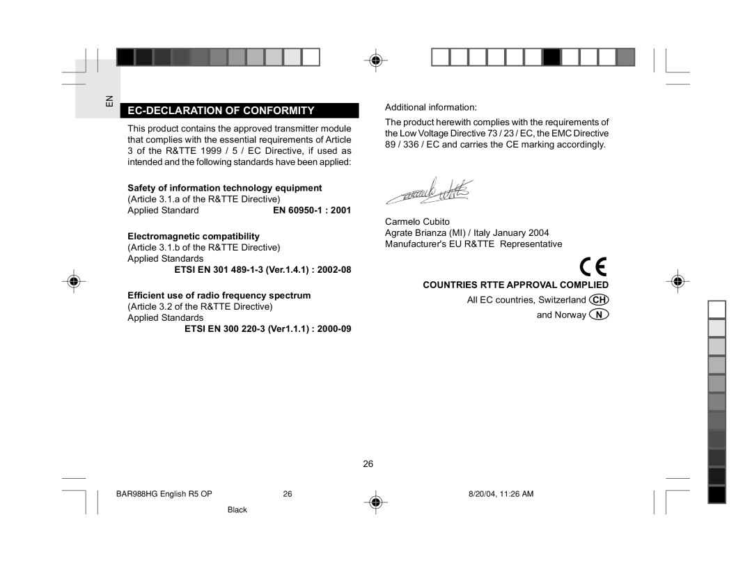 Oregon Scientific BAR988HG EN EC-DECLARATION of Conformity, Etsi EN 300 220-3 Ver1.1.1, Countries Rtte Approval Complied 