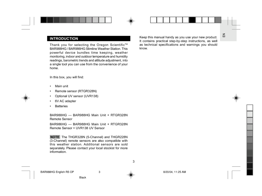 Oregon Scientific BAR988HG user manual Introduction 