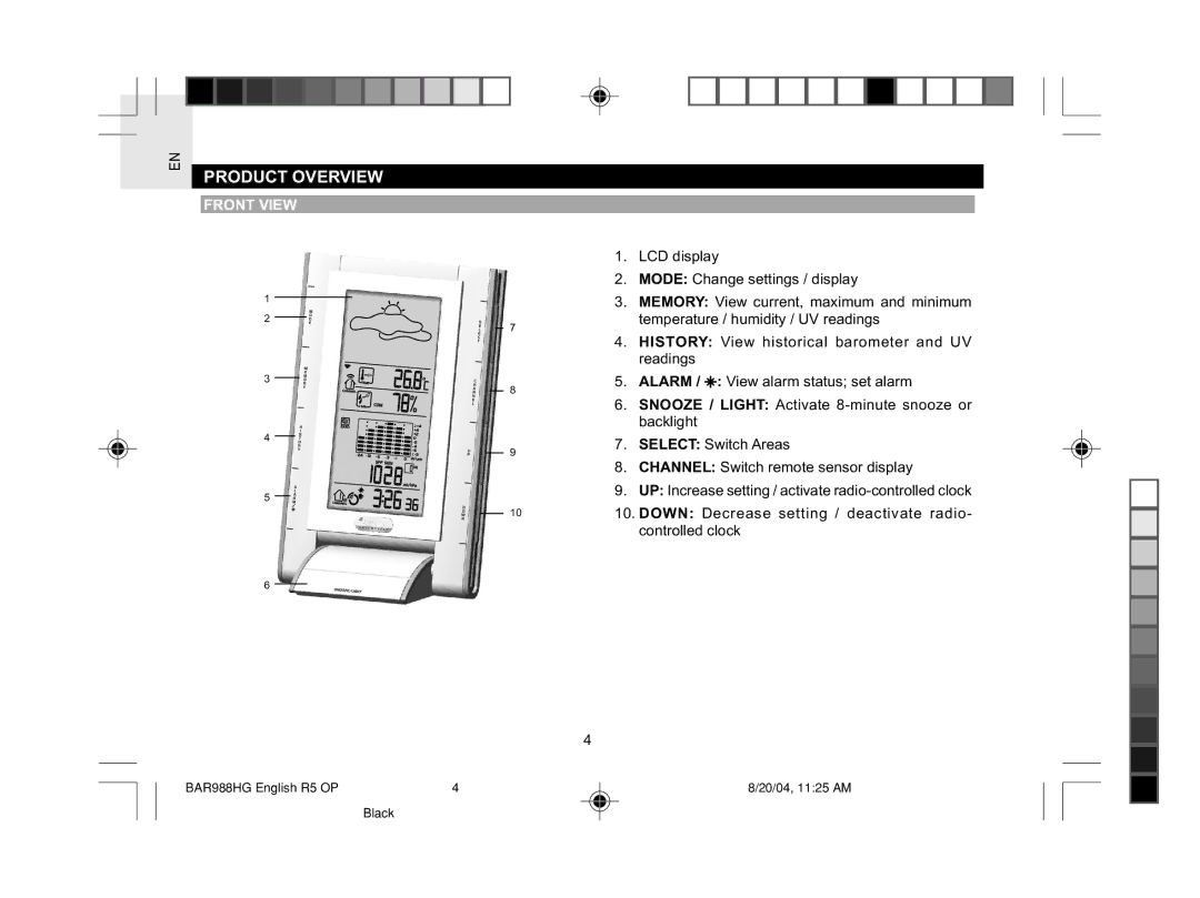 Oregon Scientific BAR988HG user manual EN Product Overview, Front View 