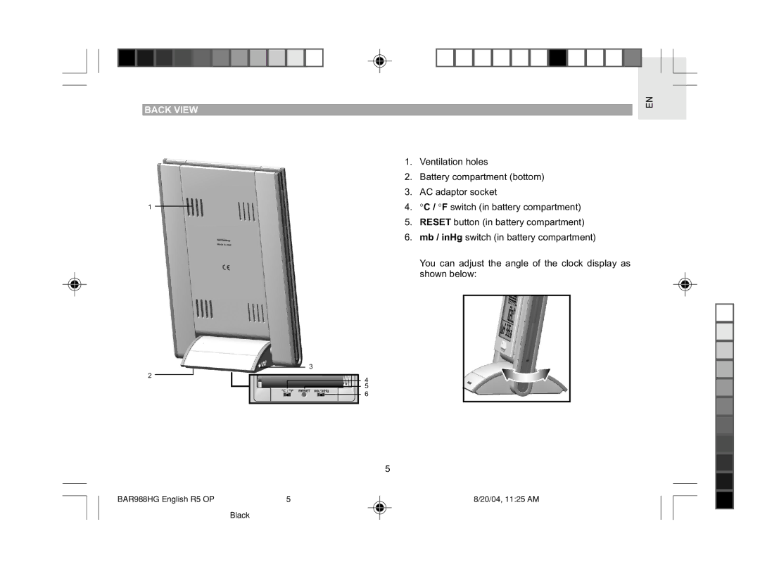 Oregon Scientific BAR988HG user manual Back View 