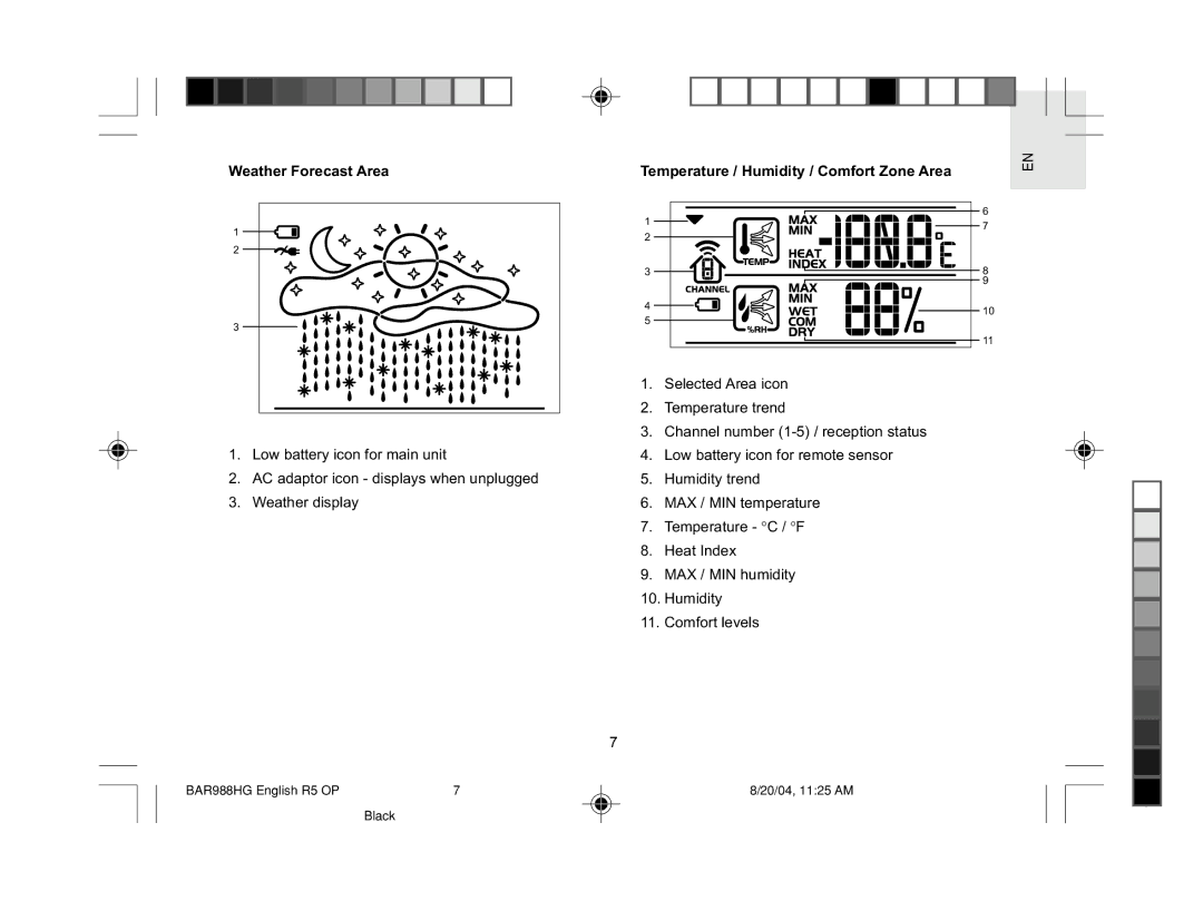 Oregon Scientific BAR988HG user manual Weather Forecast Area, Temperature / Humidity / Comfort Zone Area 