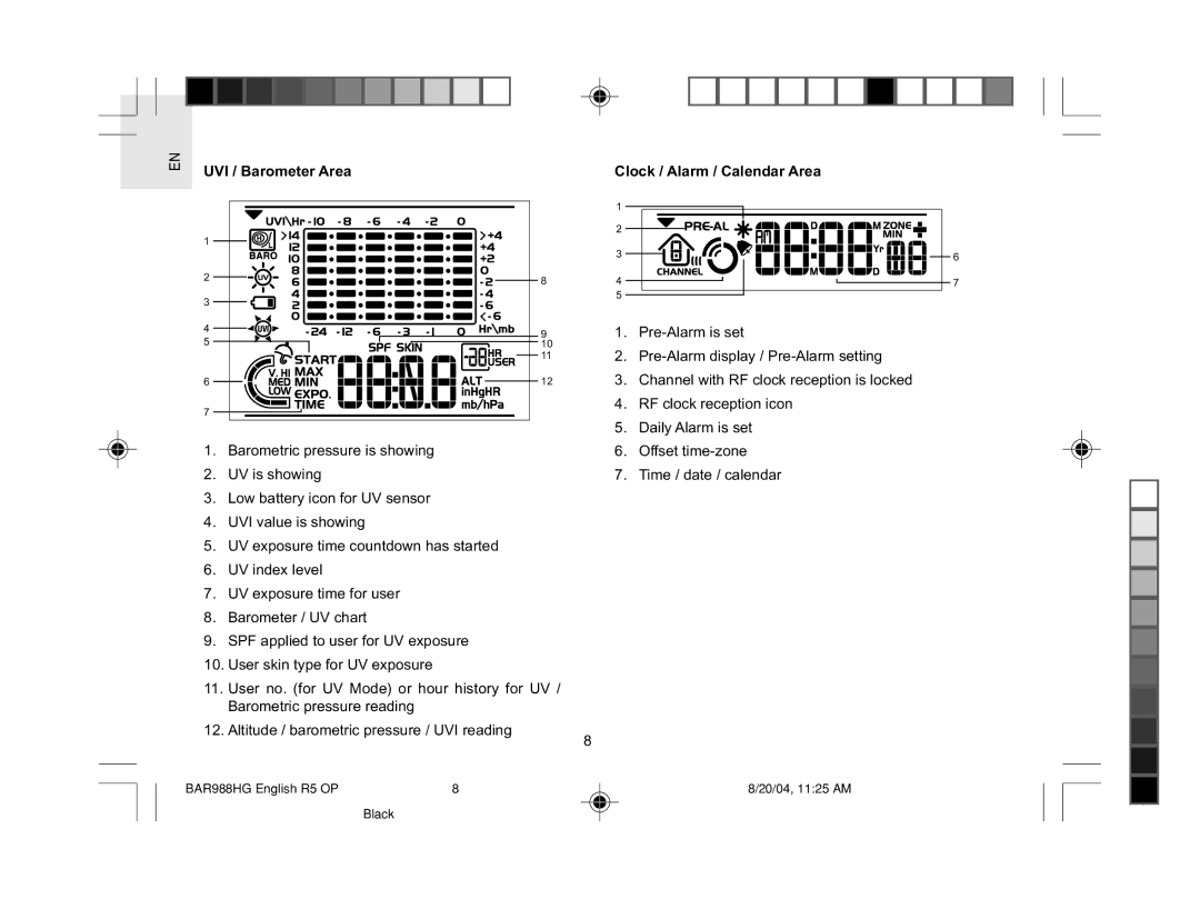 Oregon Scientific BAR988HG user manual UVI / Barometer Area 