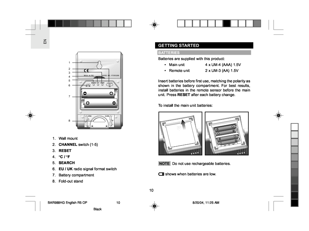 Oregon Scientific BAR988HG user manual Getting Started, Batteries 