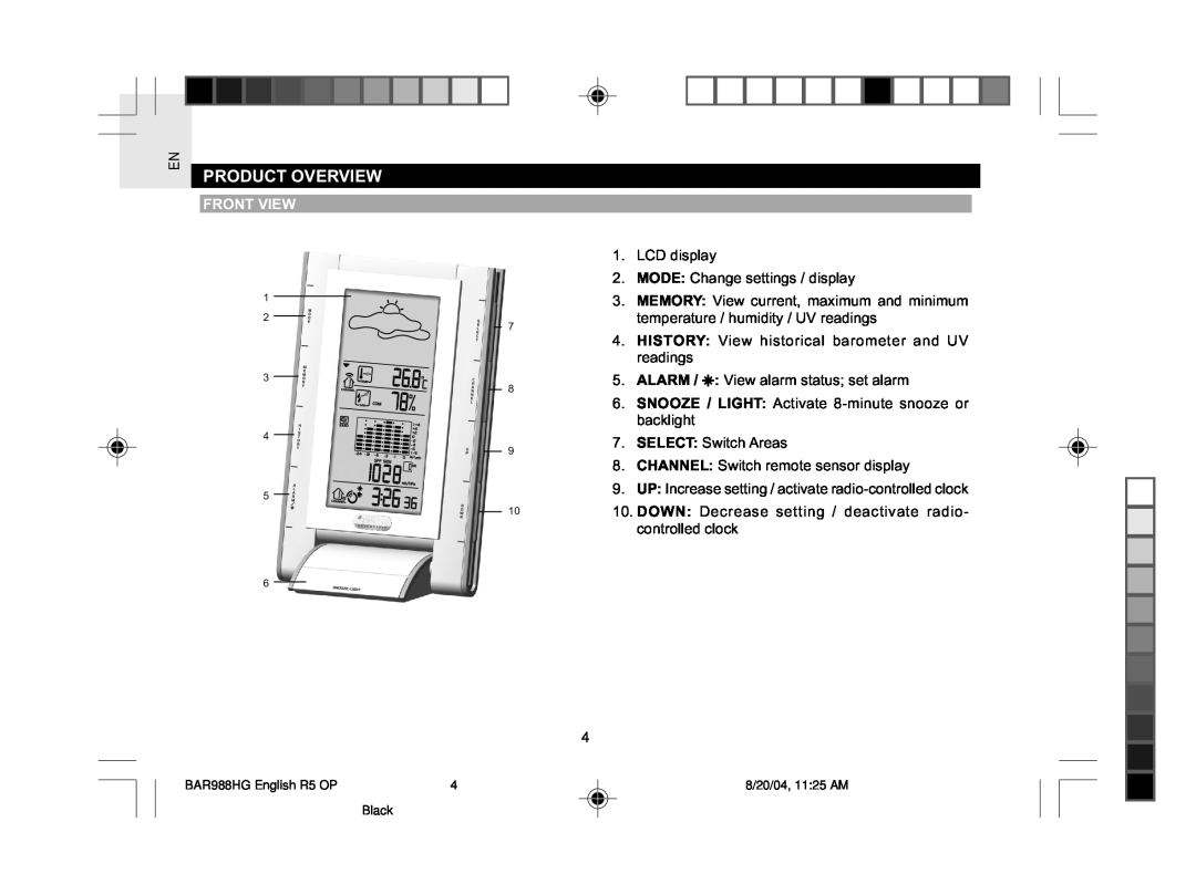 Oregon Scientific BAR988HG user manual En Product Overview, Front View 