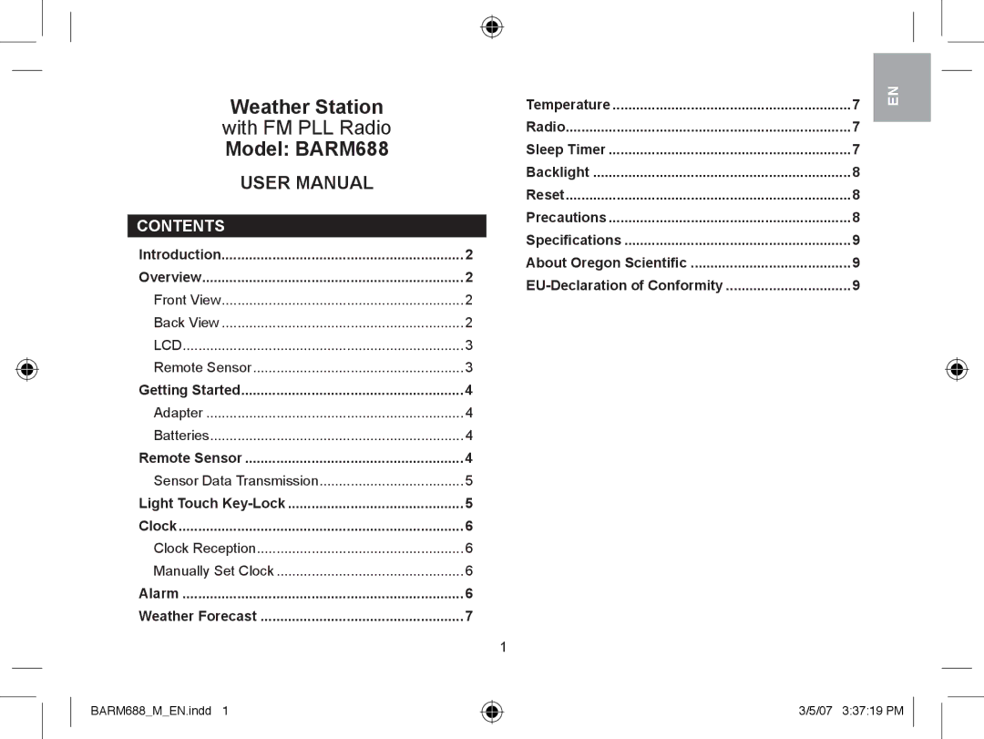 Oregon Scientific user manual With FM PLL Radio Model BARM688, Contents 