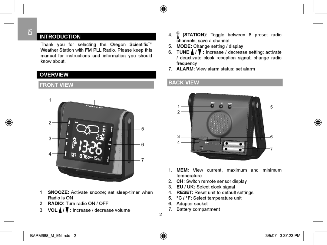 Oregon Scientific BARM688 user manual Introduction, Overview Front View, Back View 