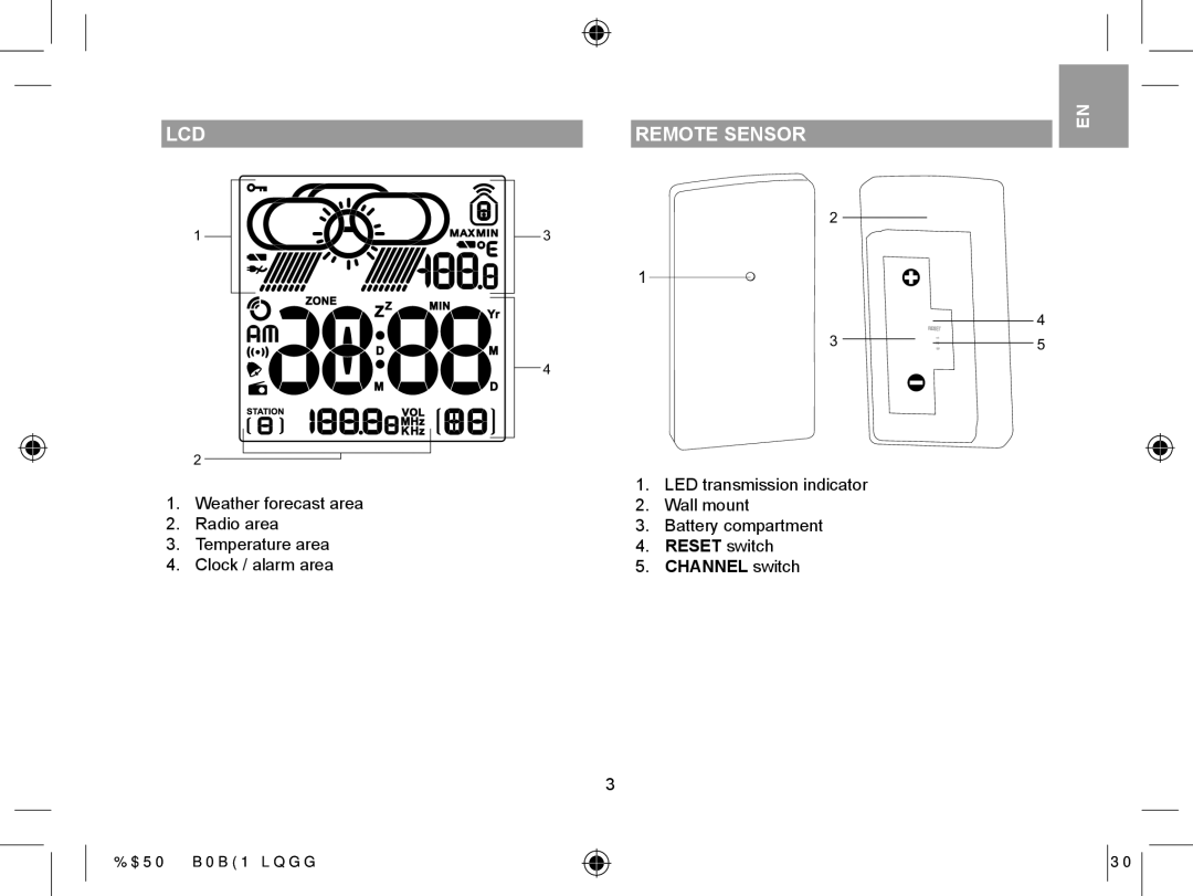 Oregon Scientific BARM688 user manual Lcd, Remote Sensor, Reset switch Channel switch 