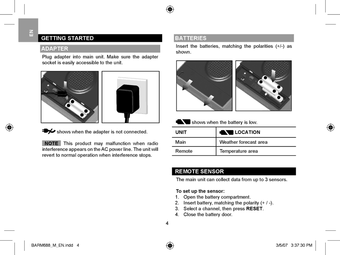 Oregon Scientific BARM688 user manual Getting Started Adapter, Batteries, To set up the sensor 