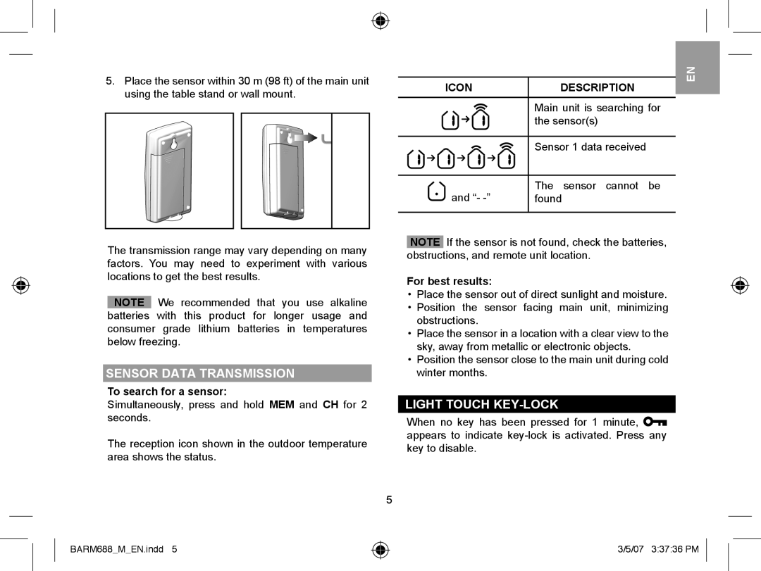 Oregon Scientific BARM688 Sensor Data Transmission, Light Touch KEY-LOCK, To search for a sensor, For best results 