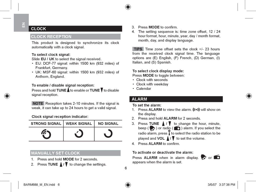 Oregon Scientific BARM688 user manual Clock Clock Reception, Manually SET Clock, Alarm 