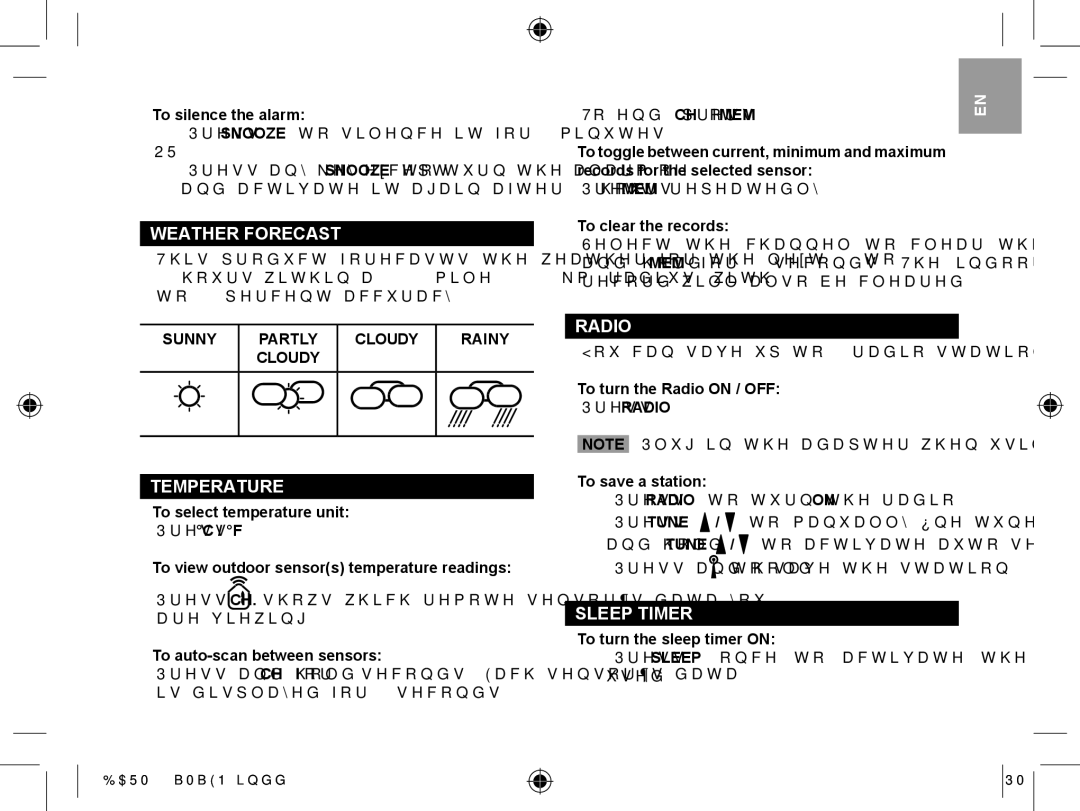 Oregon Scientific BARM688 user manual Weather Forecast, Temperature, Radio, Sleep Timer 