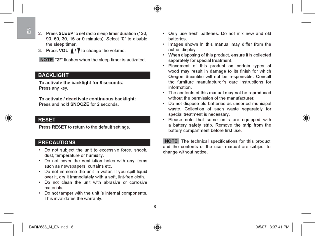 Oregon Scientific BARM688 user manual Backlight, Reset, Precautions, To activate the backlight for 8 seconds 