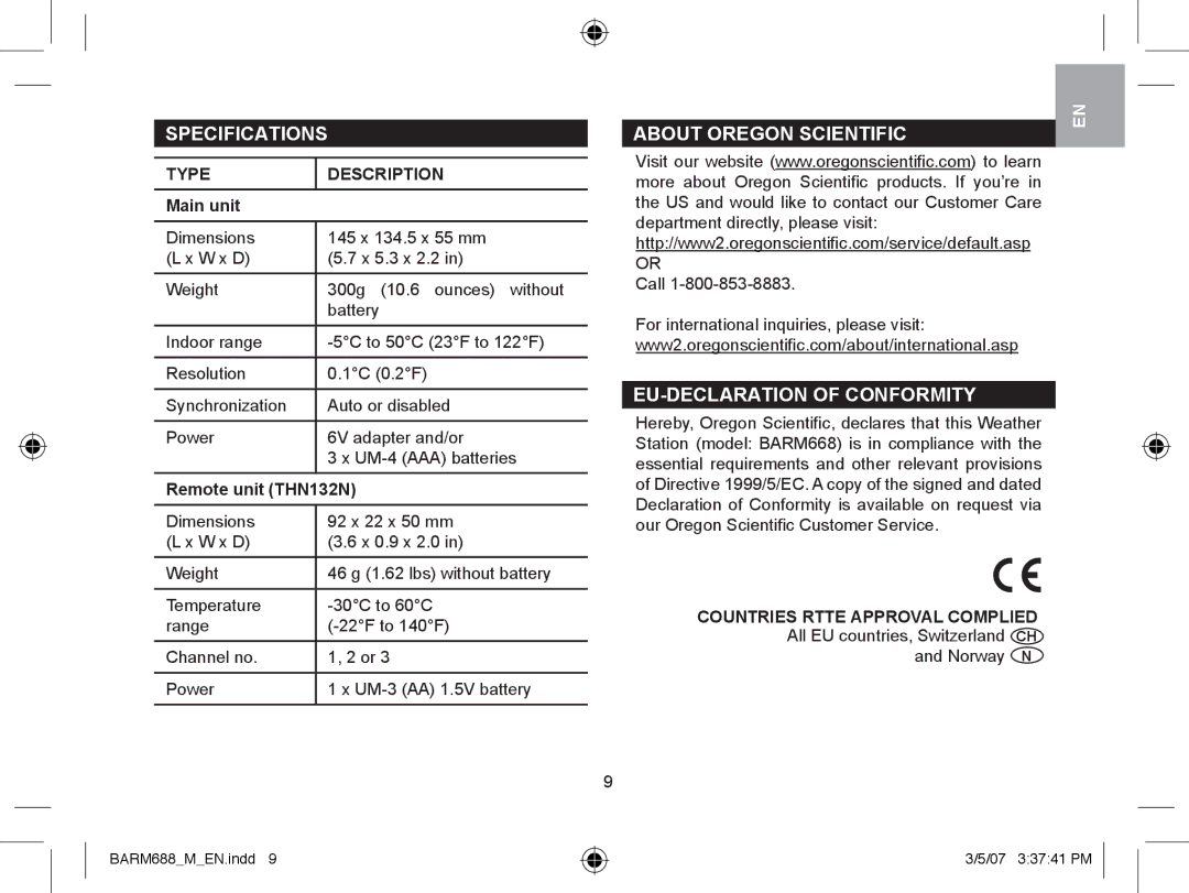 Oregon Scientific BARM688 user manual Specifications, About Oregon Scientific, EU-DECLARATION of Conformity, Main unit 