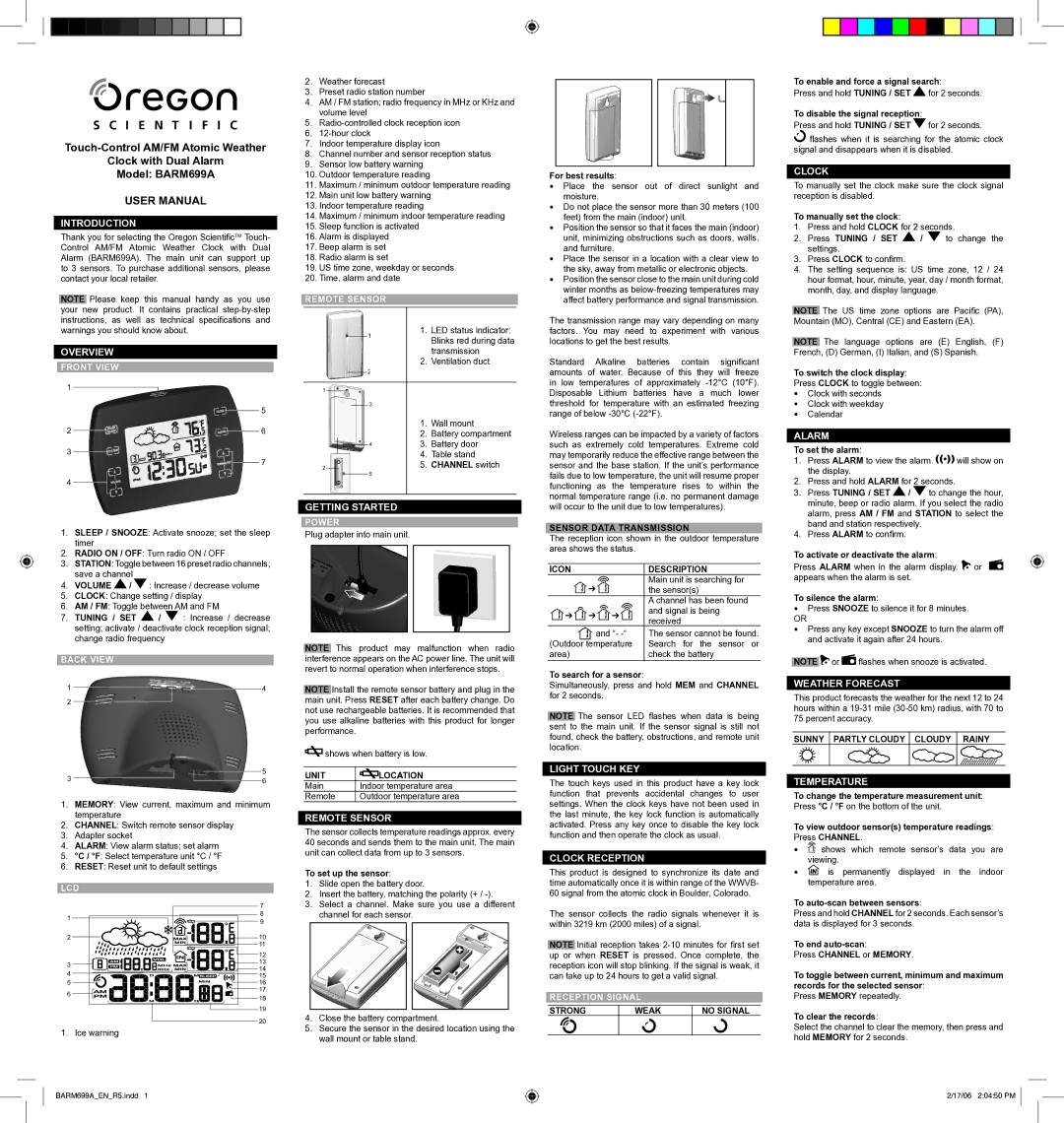 Oregon Scientific BARM699A user manual Introduction, Overview, Getting Started, Remote Sensor, Light Touch KEY, Clock 