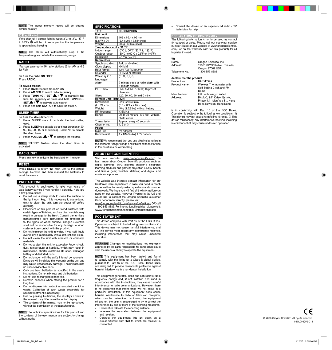 Oregon Scientific BARM699A user manual Radio, Sleep Timer, Backlight, Reset, Precautions, Specifications 