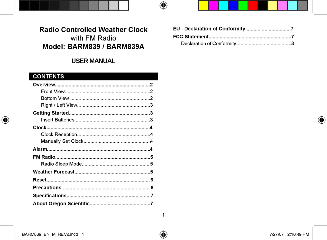 Oregon Scientific BARM839A user manual Contents 