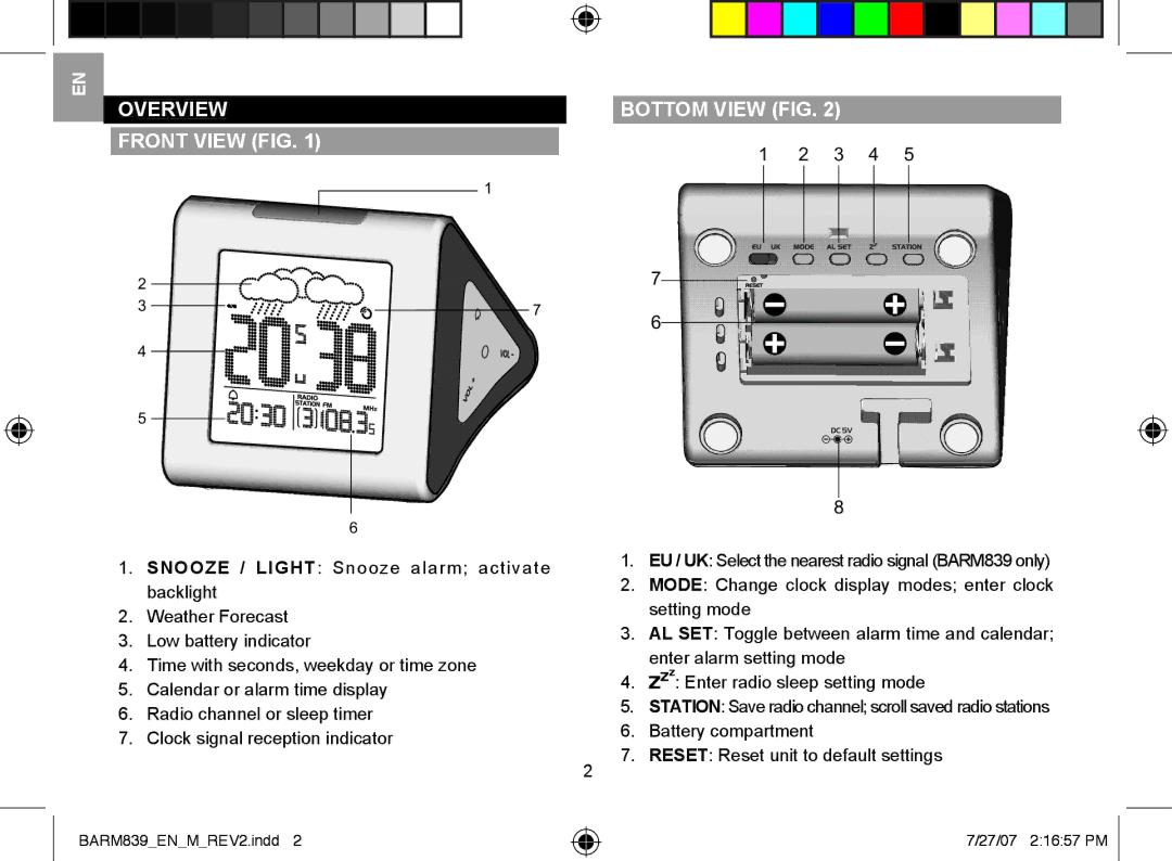 Oregon Scientific BARM839A user manual Overview Front View FIG, Bottom View FIG 