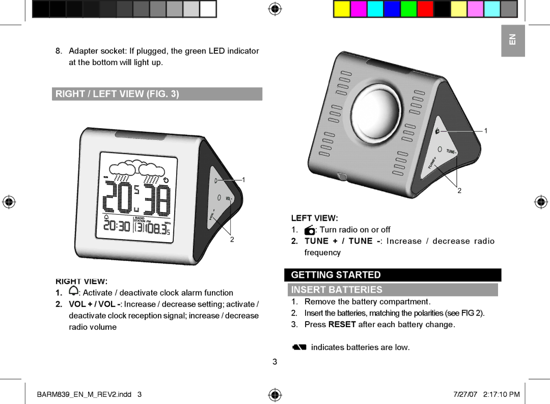 Oregon Scientific BARM839A user manual Right / Left View FIG, Getting Started Insert Batteries, Right View 