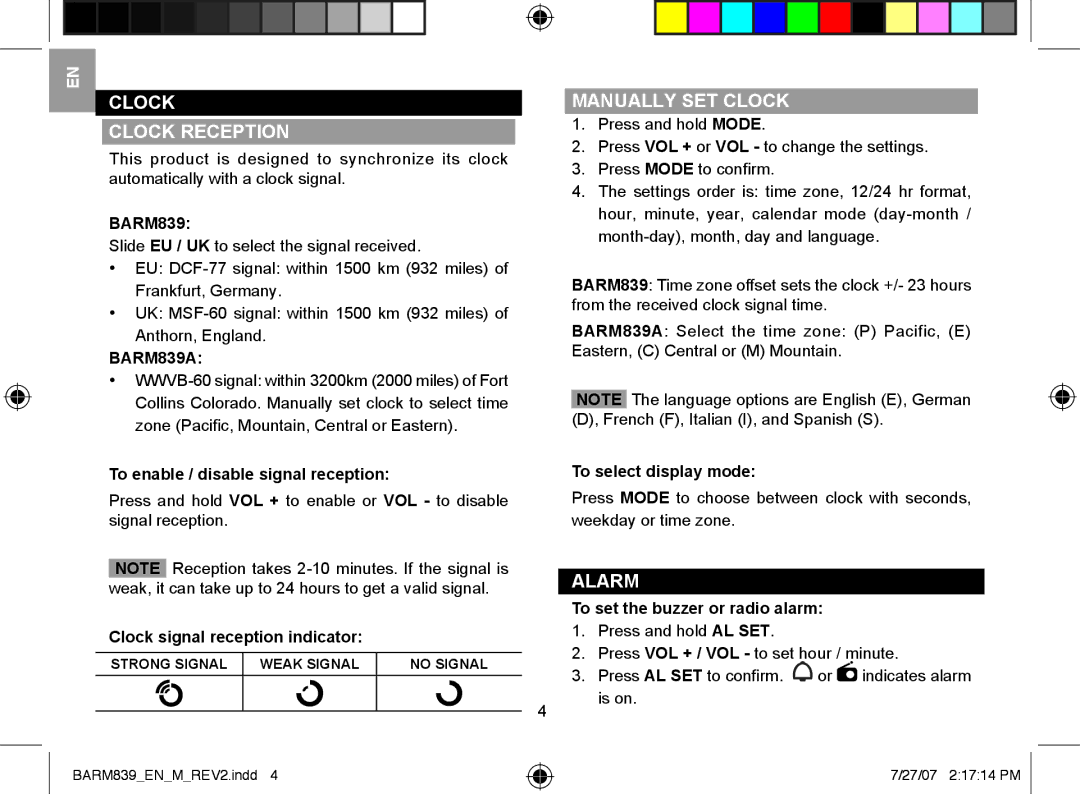 Oregon Scientific user manual Clock Clock Reception, Manually SET Clock, Alarm, BARM839A 