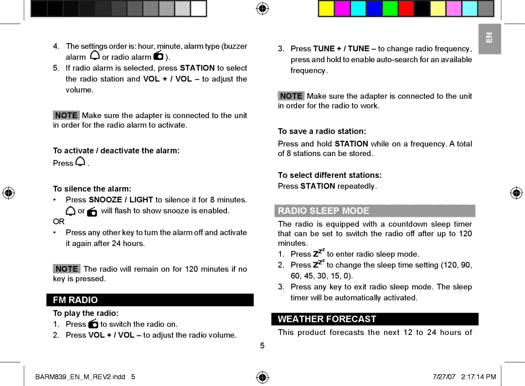 Oregon Scientific BARM839A user manual FM Radio, Radio Sleep Mode, Weather Forecast 