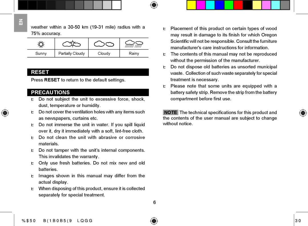 Oregon Scientific BARM839A user manual Reset, Precautions 