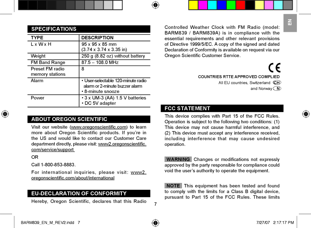 Oregon Scientific BARM839A user manual Specifications, About Oregon Scientific, EU-DECLARATION of Conformity, FCC Statement 