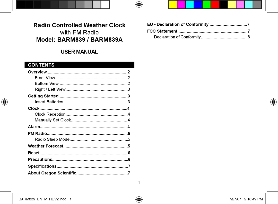 Oregon Scientific BARM839A user manual Contents, Clock, Alarm, FM Radio, Weather Forecast, Reset, Precautions, User Manual 