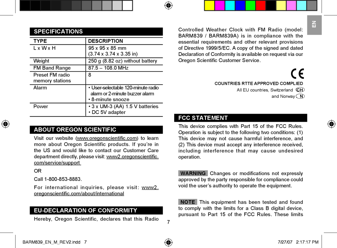 Oregon Scientific BARM839A Specifications, About Oregon Scientific, Eu-Declaration Of Conformity, Fcc Statement, Type 