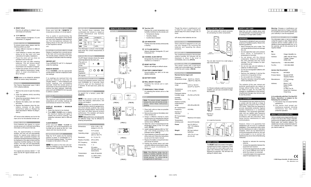 Oregon Scientific BHT663A Remote Sensor THGR238N, Reset System, Safety and Care, FCC Statement, About Oregon Scientific 