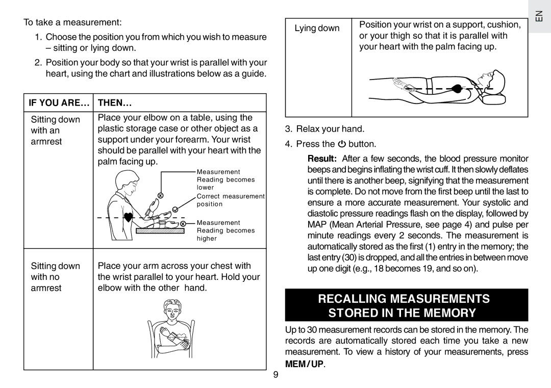 Oregon Scientific BPW120 user manual Recalling Measurements Stored in the Memory, If YOU ARE… THEN…, Mem / Up 