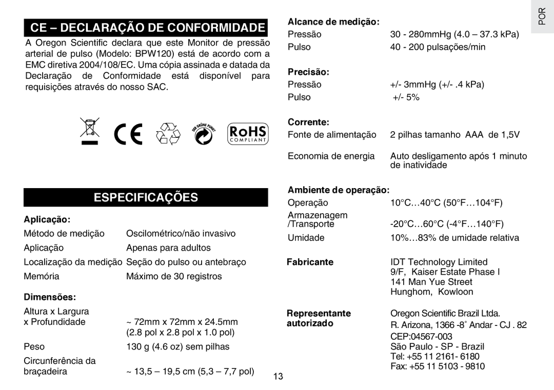 Oregon Scientific BPW120 user manual CE Declaração DE Conformidade, Especificações 