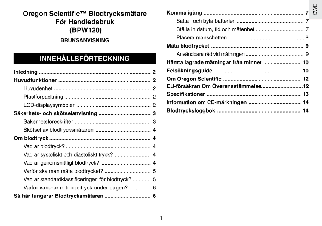 Oregon Scientific BPW120 user manual Innehållsförteckning, Bruksanvisning, Huvudenhet Plastförpackning LCD-displaysymboler 