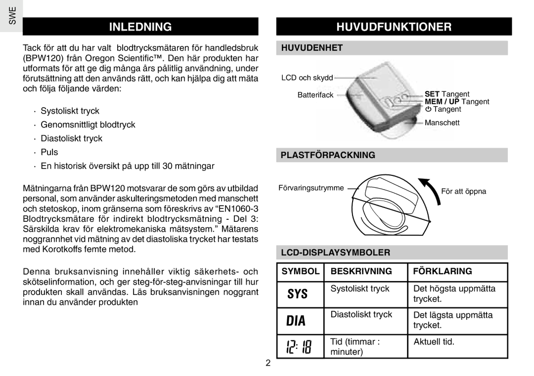 Oregon Scientific BPW120 user manual Inledning, Huvudfunktioner, Huvudenhet, Plastförpackning 