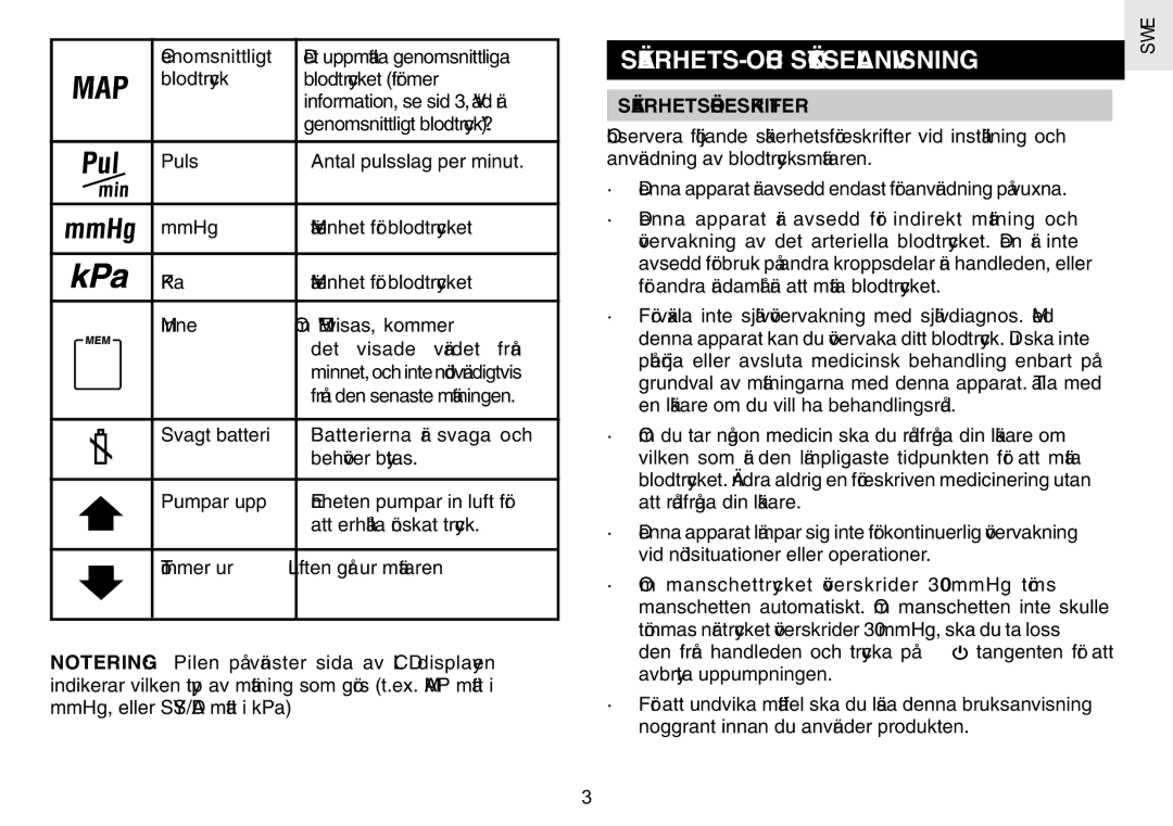 Oregon Scientific BPW120 user manual SÄKERHETS- OCH Skötselanvisning, Från den senaste mätningen, Säkerhetsföreskrifter 