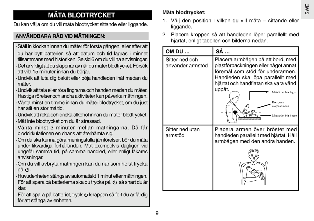 Oregon Scientific BPW120 user manual Mäta Blodtrycket, Användbara RÅD VID Mätningen, Mäta blodtrycket, Om Du …, Så … 