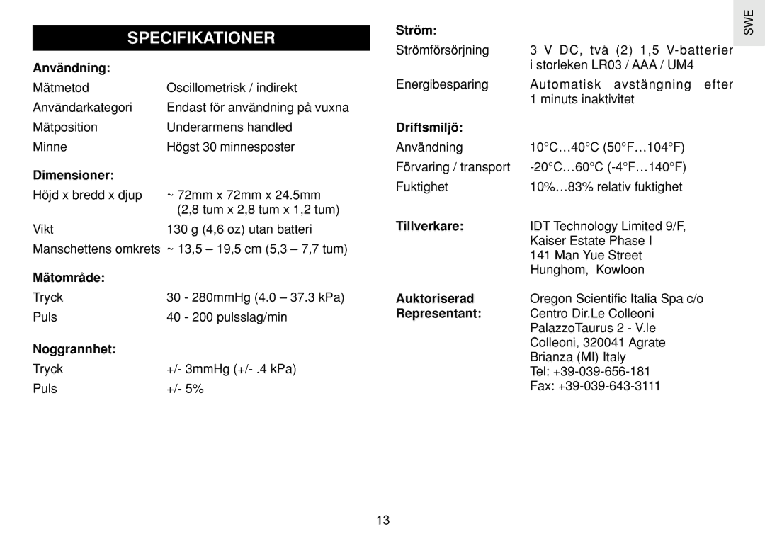 Oregon Scientific BPW120 user manual Specifikationer 