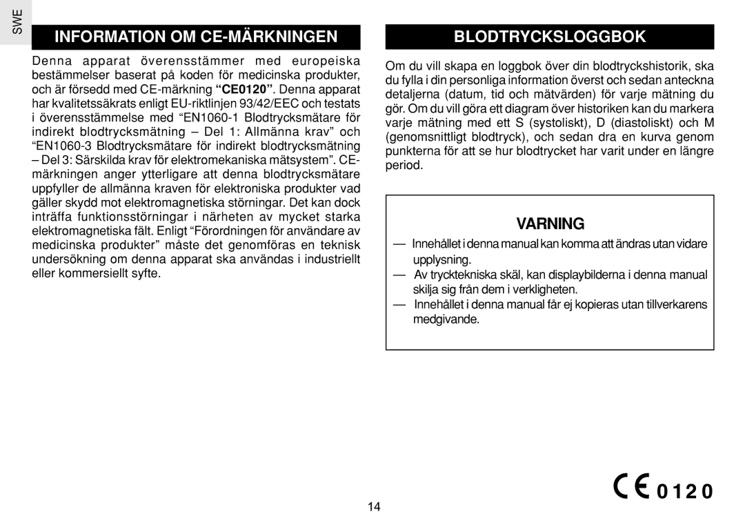 Oregon Scientific BPW120 user manual Information OM CE-MÄRKNINGEN Blodtrycksloggbok, Varning 