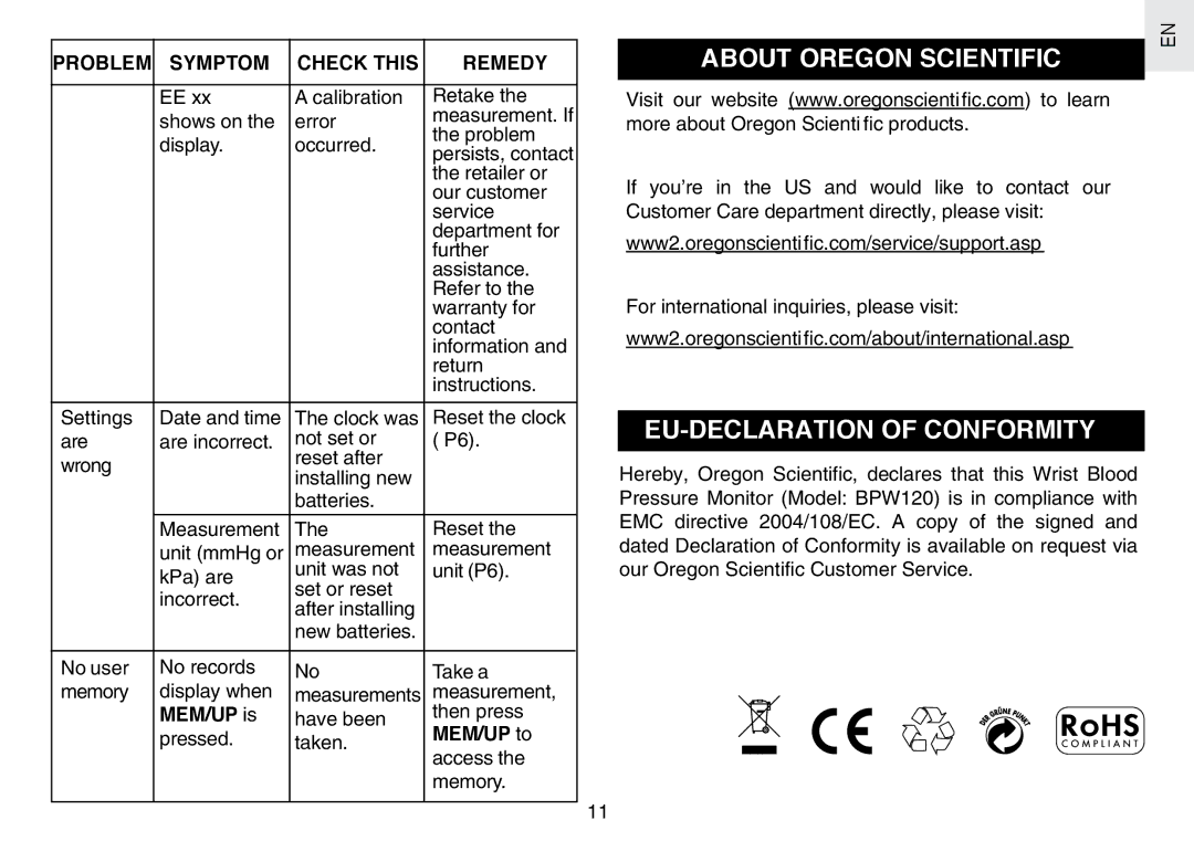 Oregon Scientific BPW120 user manual About Oregon Scientific, EU-DECLARATION of Conformity, MEM/UP is, MEM/UP to 