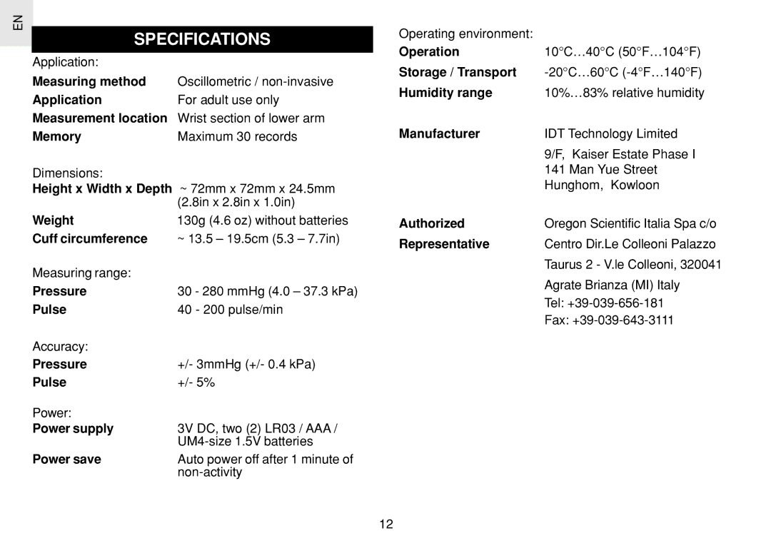 Oregon Scientific BPW120 user manual Specifications 