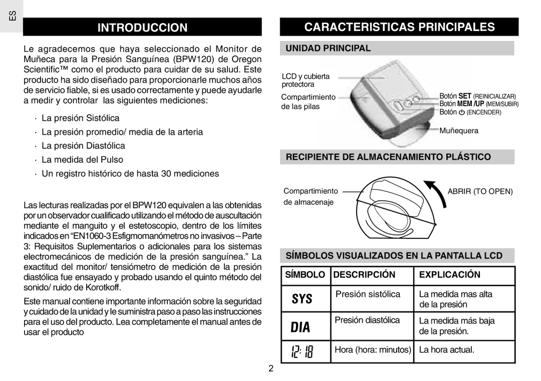 Oregon Scientific BPW120 user manual Introduccion, Caracteristicas Principales, Unidad Principal, La hora actual 