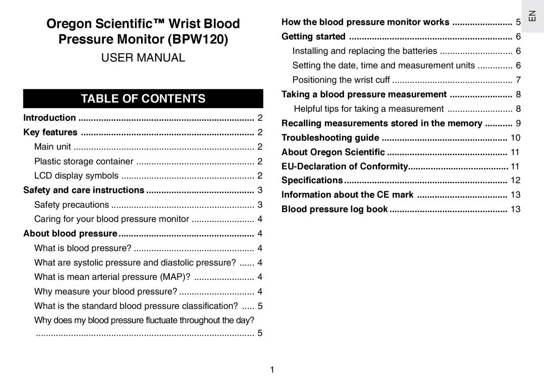 Oregon Scientific user manual Oregon Scientific Wrist Blood Pressure Monitor BPW120, Table of Contents 