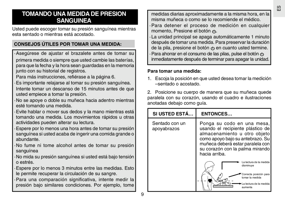 Oregon Scientific BPW120 user manual Tomando UNA Medida DE Presion Sanguinea, Consejos Útiles POR Tomar UNA Medida 