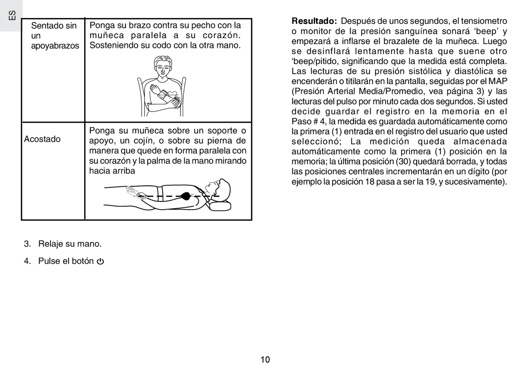 Oregon Scientific BPW120 user manual Relaje su mano Pulse el botón 